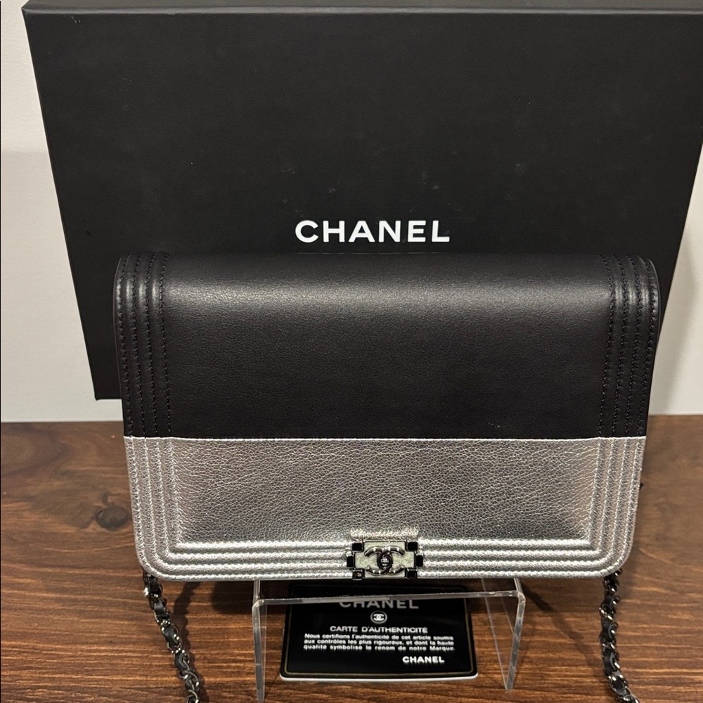 Authentic Chanel Two-Toned Metallic Lambskin Boy Clutch With Leather Link Chain